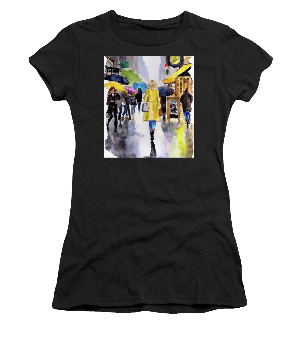City Women's T-Shirt featuring the digital art City Woman with Yellow Raincoat by Alison Frank