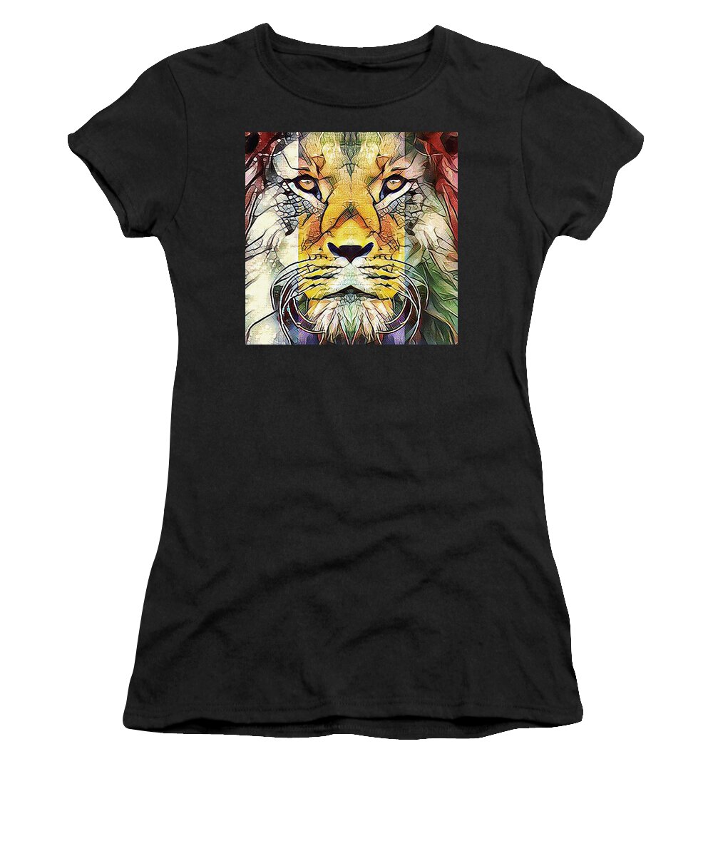 Colorful Lion Women's T-Shirt featuring the digital art Colorful African Lion Portrait Wildlife Pop Art by Shelli Fitzpatrick