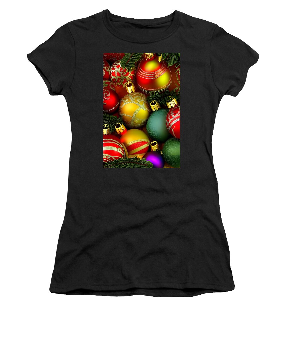 Digital Christmas Ornaments Colorful Gold Women's T-Shirt featuring the digital art Colorful Christmas Ornaments by Beverly Read