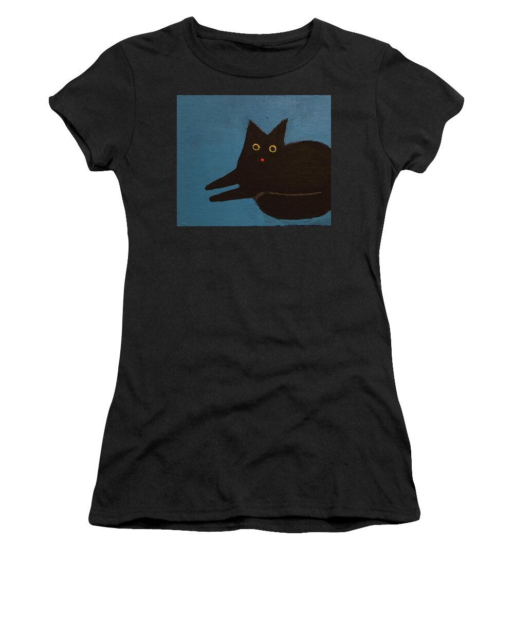 Black Cat Women's T-Shirt featuring the painting Comfy Black cat by Sherry Rusinack