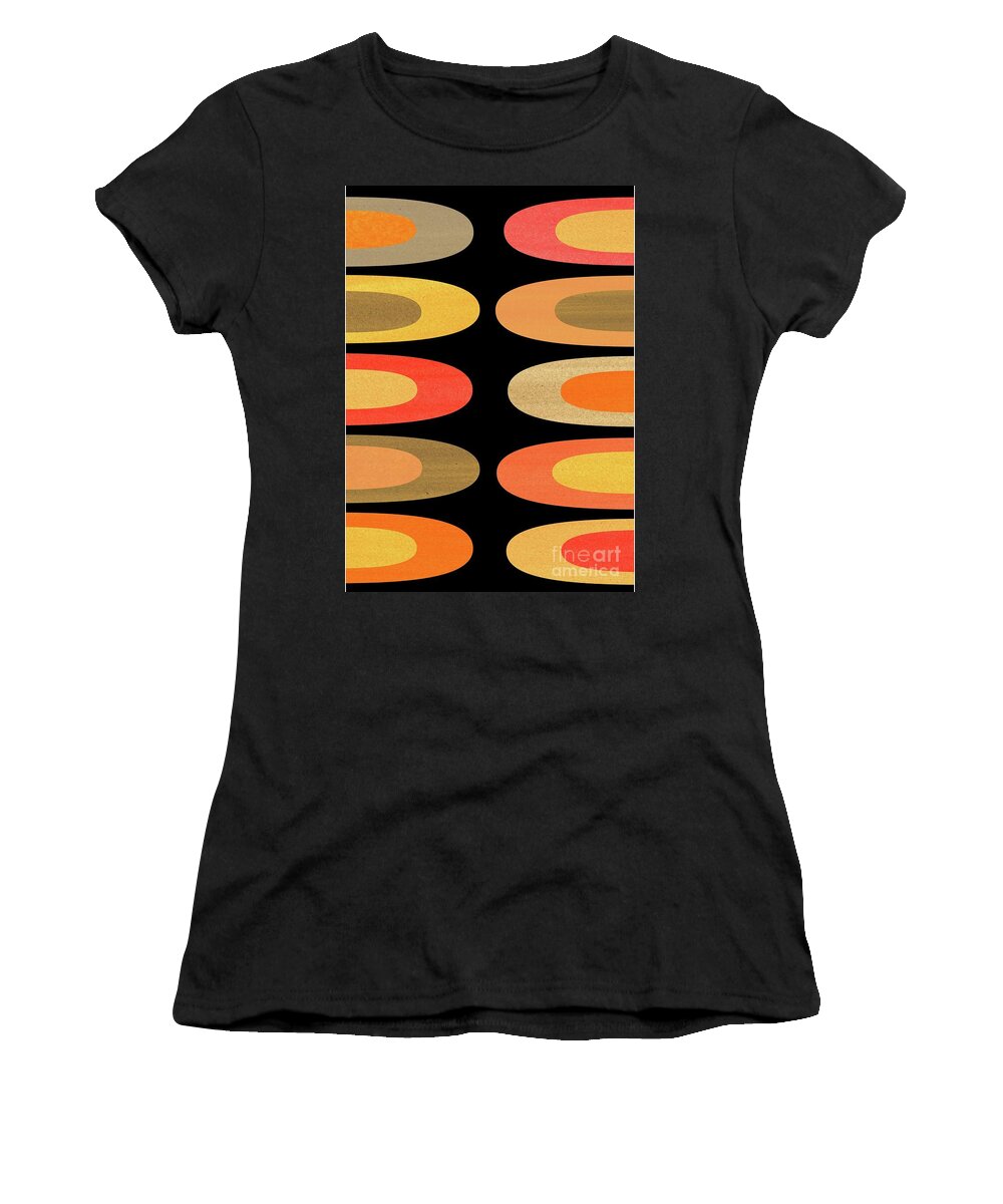 Tan Women's T-Shirt featuring the mixed media Concentric Oblongs in Warm Colors on Black by Donna Mibus
