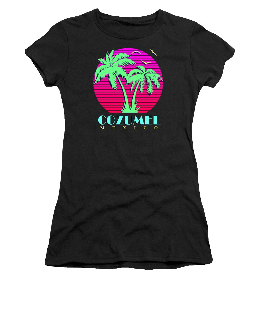 Classic Women's T-Shirt featuring the digital art Cozumel Mexico Retro Palm Trees Sunset by Megan Miller