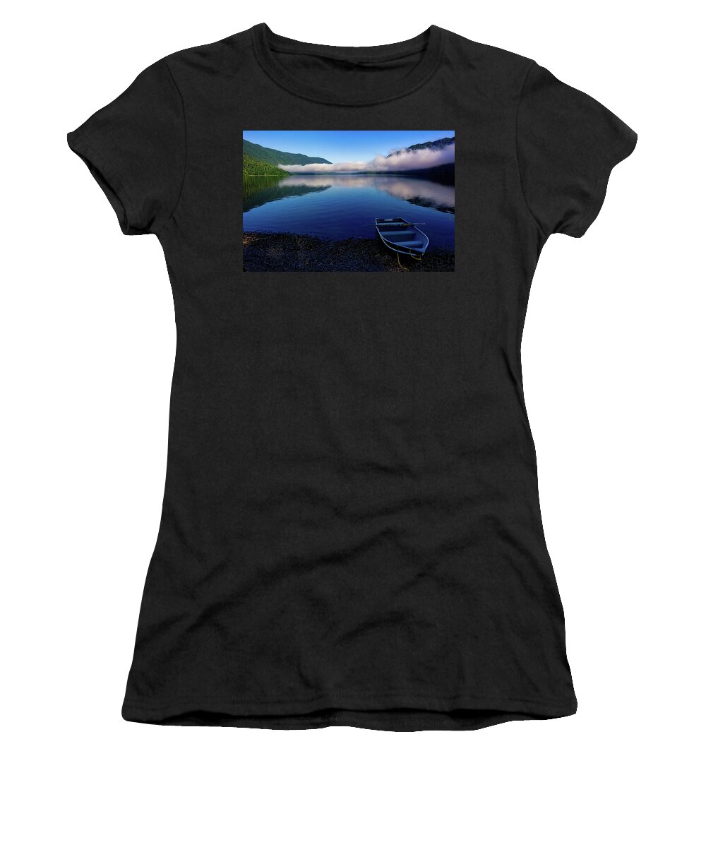 Crescent Lake Women's T-Shirt featuring the photograph Crescent Lake Rowboat by Larey McDaniel