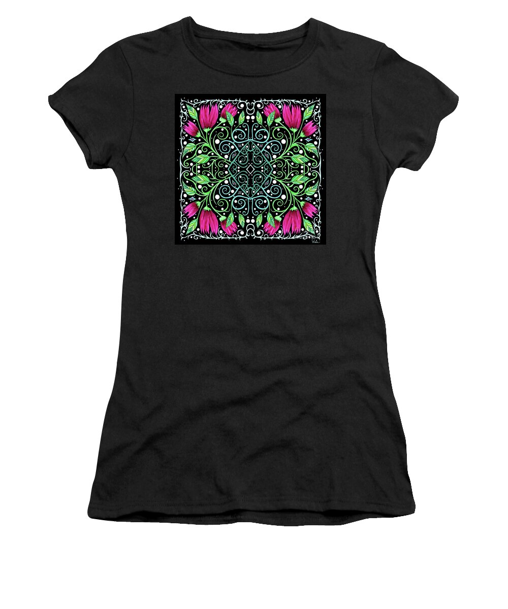 Lise Winne Women's T-Shirt featuring the mixed media Dancing Tulips and Leaves with Ornate Gate Work by Lise Winne
