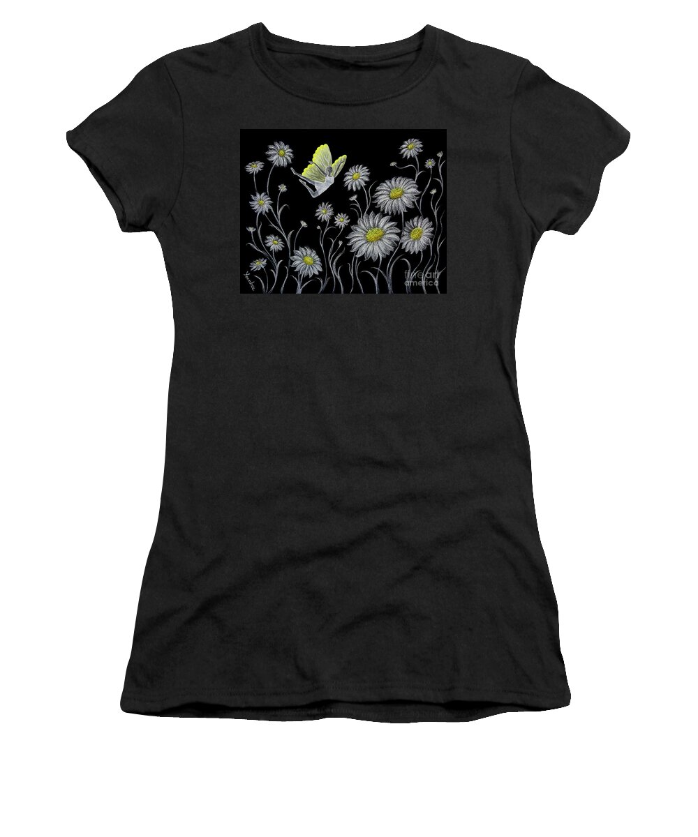  Daisy Women's T-Shirt featuring the drawing Dancing with Daisies by Yoonhee Ko