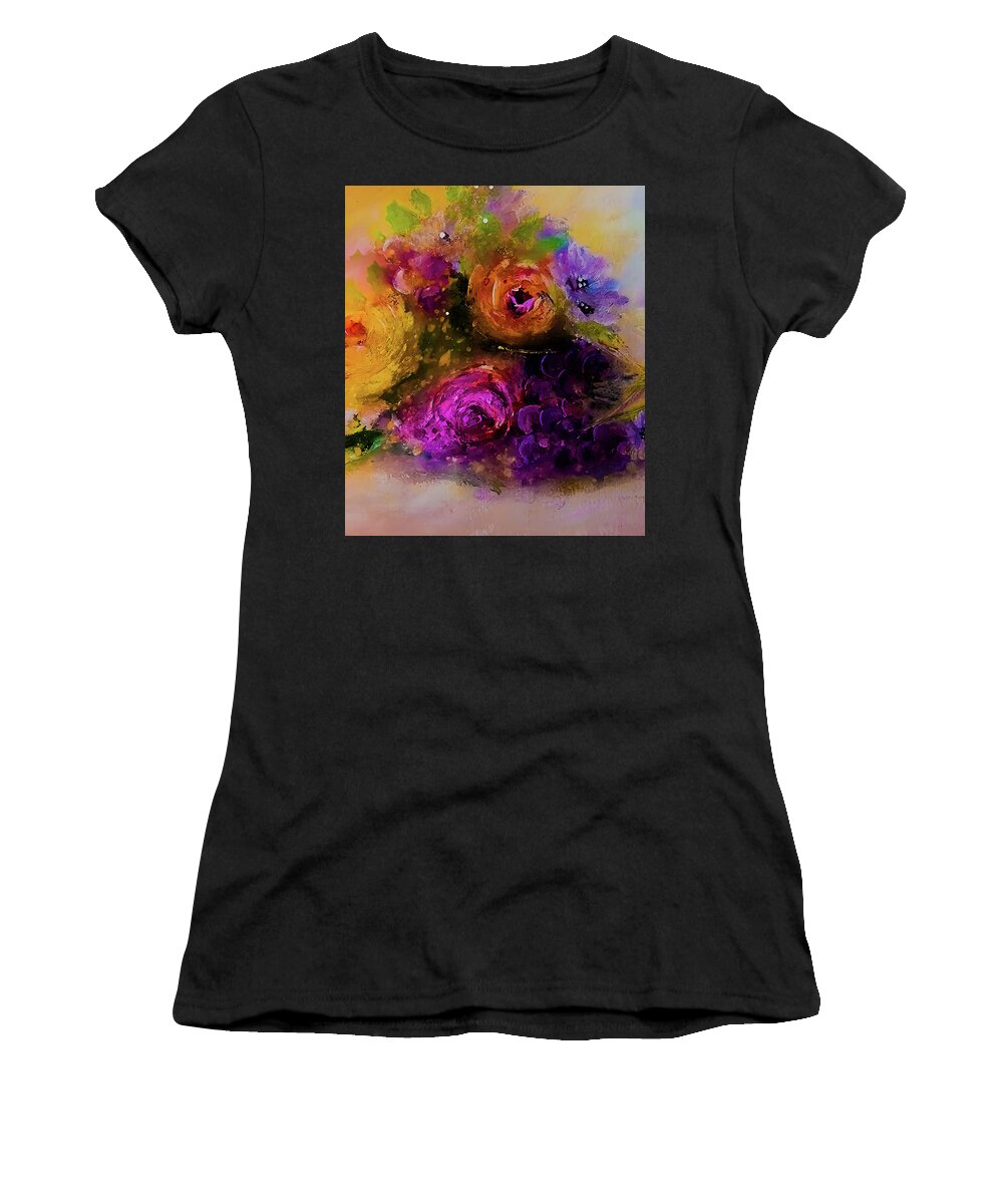 Dark Women's T-Shirt featuring the painting Dark Painterly Swirled Flowers with Grapes by Lisa Kaiser