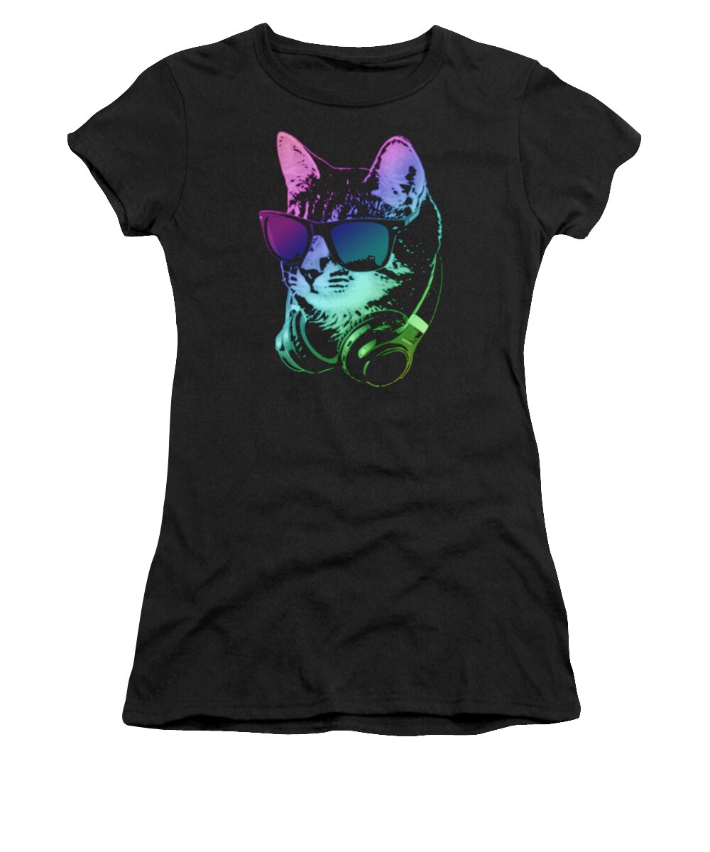 Cat Women's T-Shirt featuring the digital art Dj Cat In Neon Lights by Filip Schpindel