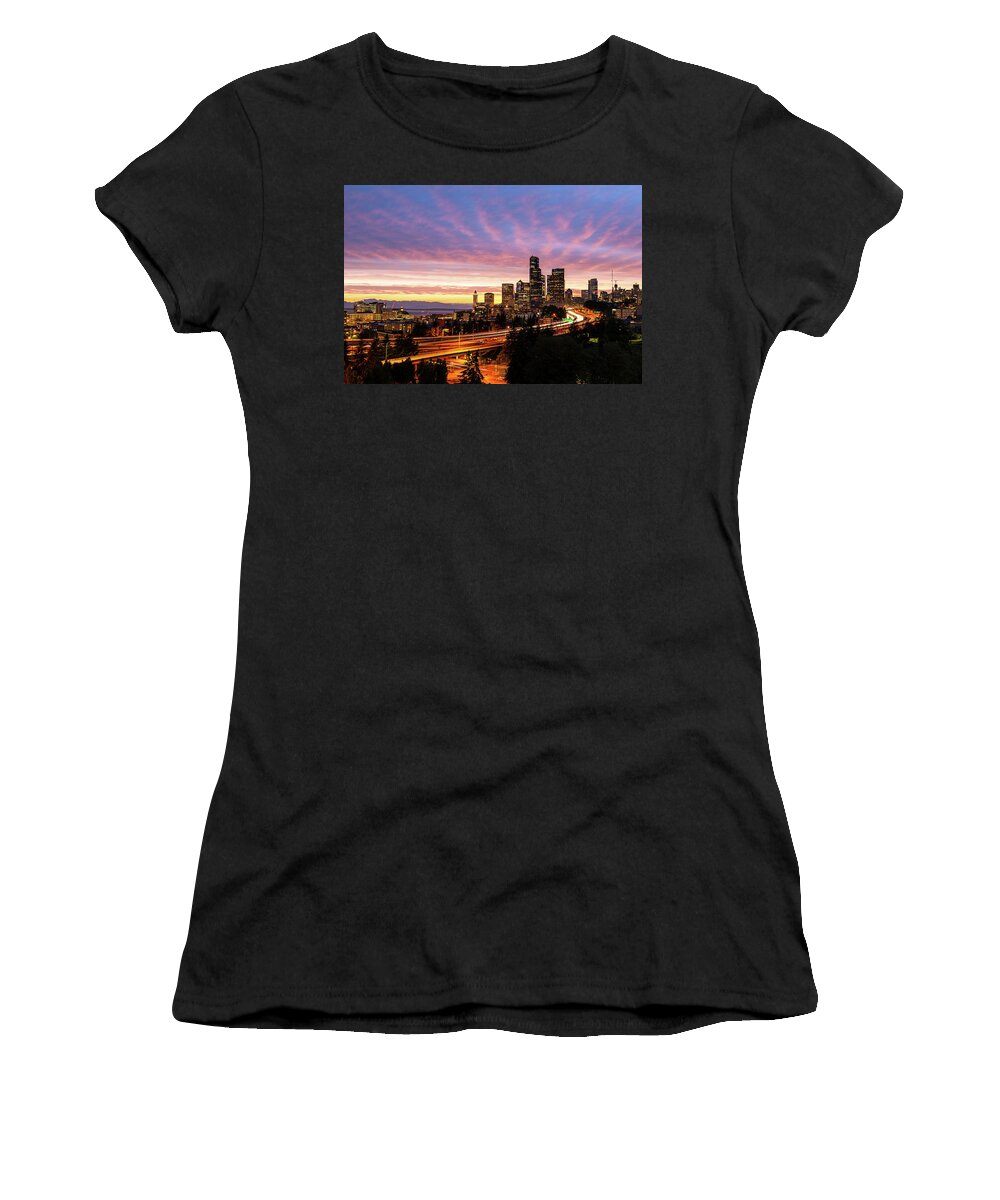 Outdoor; Sunset; Spring; Twilight; Downtown; Seattle; Highways; Elliot Bay; Night; Night Photography; Cloud; Strip Clouds; Washington Beauty; Pnw Photography Women's T-Shirt featuring the digital art Downtown Seattle in Twilight by Michael Lee