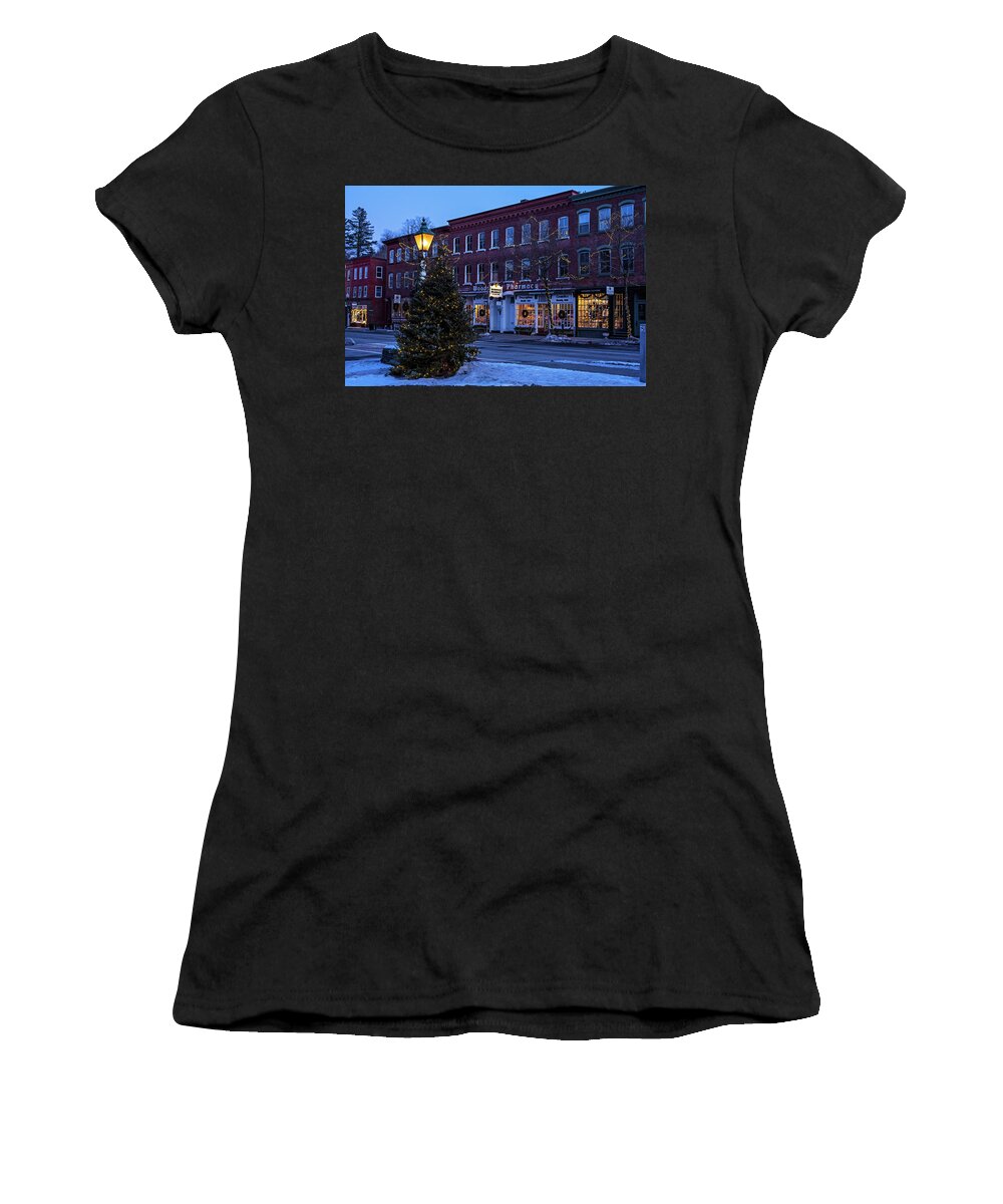 Woodstock Women's T-Shirt featuring the photograph Downtown Woodstock VT Christmas Tree at Dusk Woodstock Pharmacy by Toby McGuire