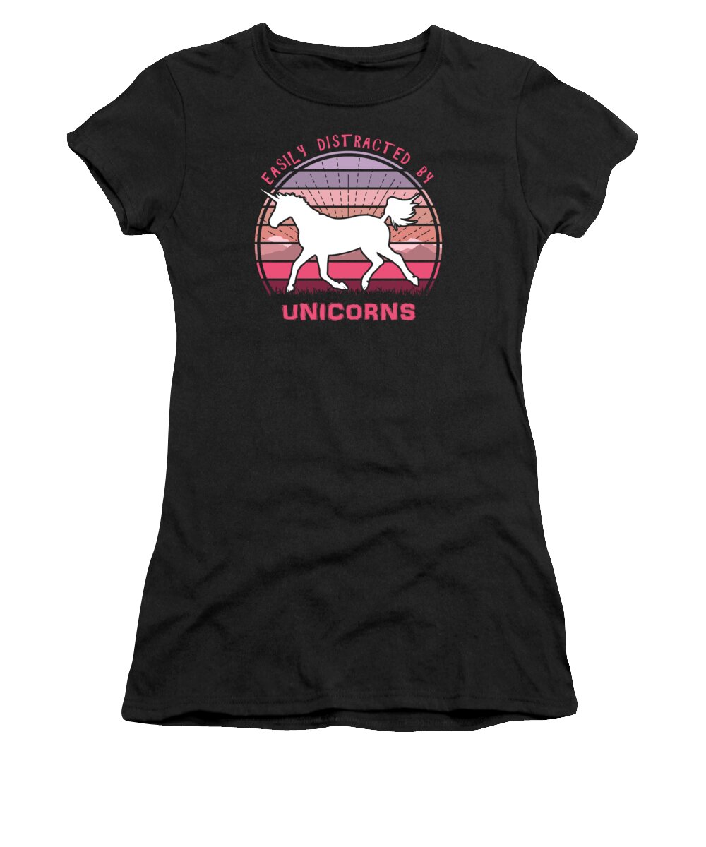 Easily Women's T-Shirt featuring the digital art Easily Distracted By Unicorns Pink Sunset by Filip Schpindel