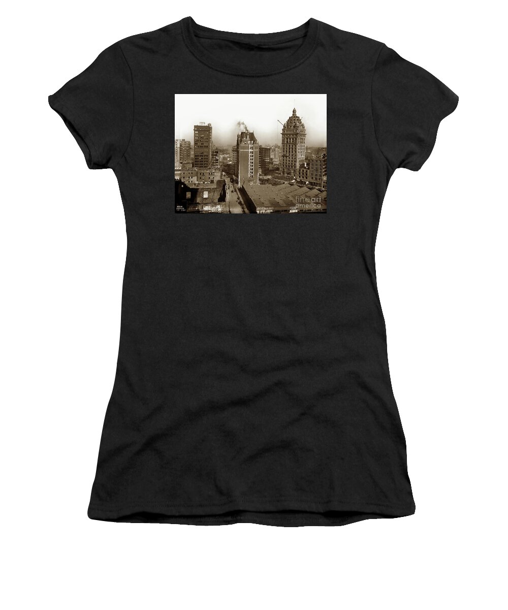 Reconstruction Women's T-Shirt featuring the photograph Elevated view of the Call Building. Pointing out toward Market St. 1908 by Monterey County Historical Society
