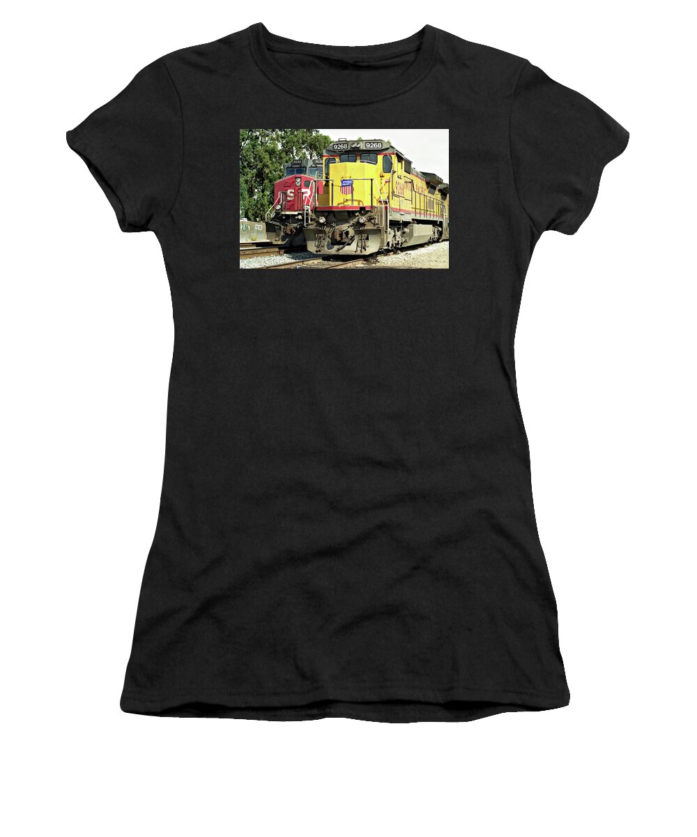 End Of An Era Women's T-Shirt featuring the photograph End of an Era -- Southern Pacific and Union Pacific Locomotives in San Luis Obispo, California by Darin Volpe