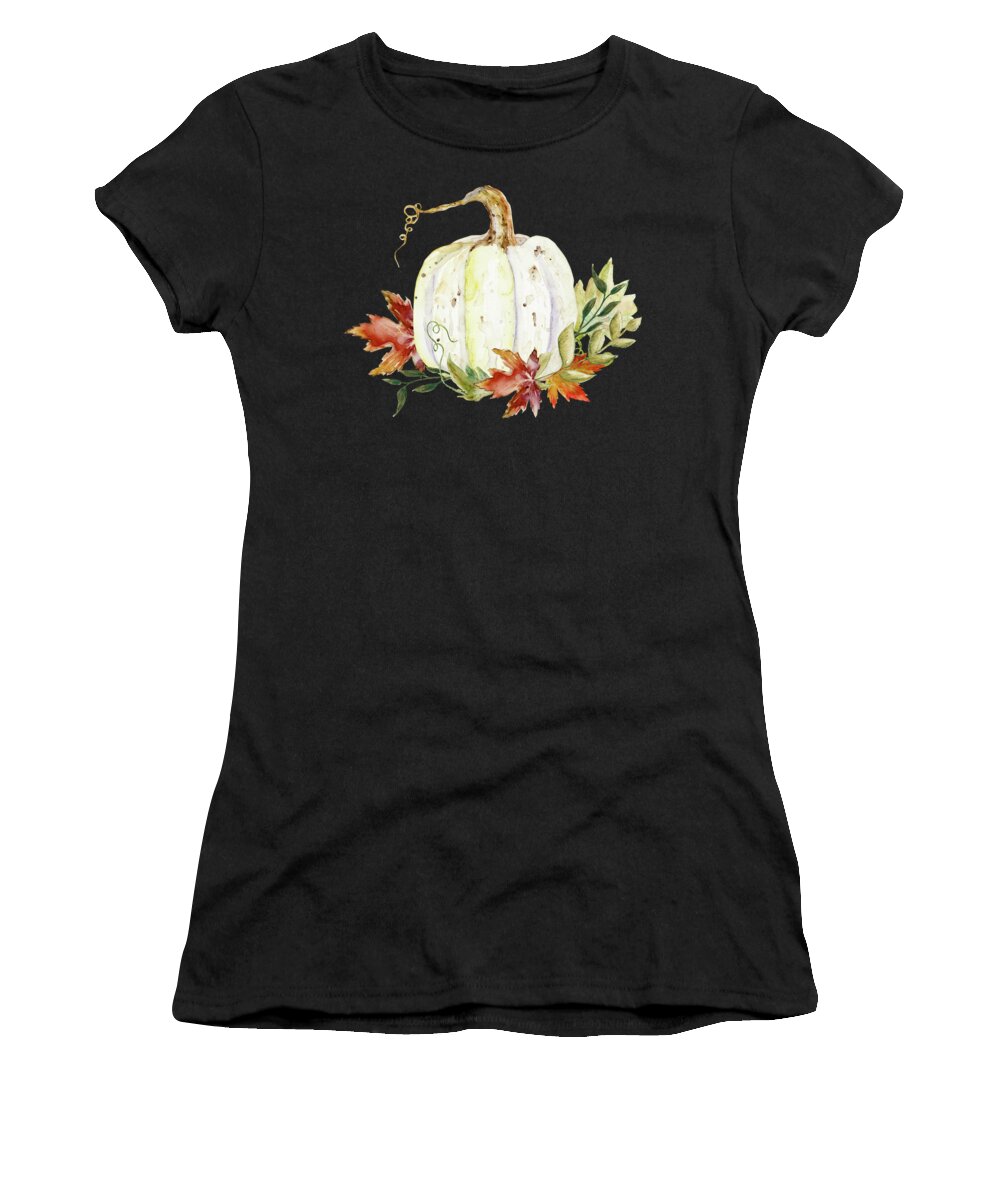 Watercolor Women's T-Shirt featuring the painting Fall Autumn Grateful Harvest White Pumpkin and Leaves by Audrey Jeanne Roberts