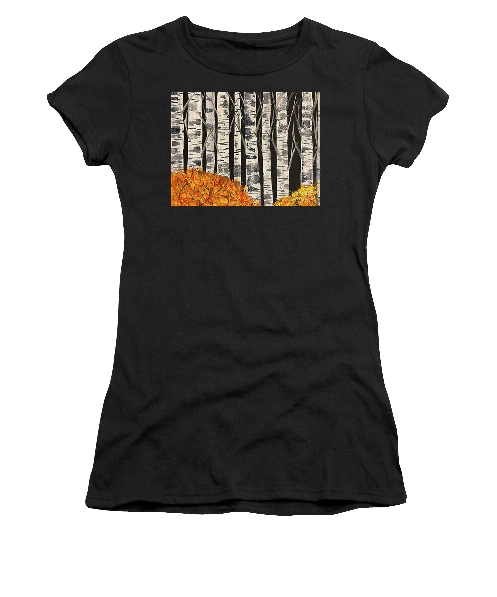 Fall Women's T-Shirt featuring the painting Fall Birches at Night by Lisa Neuman