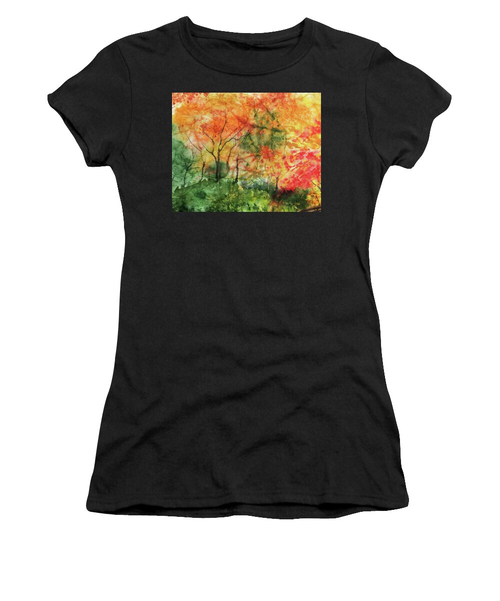 Fall Landscape Women's T-Shirt featuring the painting Fall Garden Watercolor Trees by Irina Sztukowski