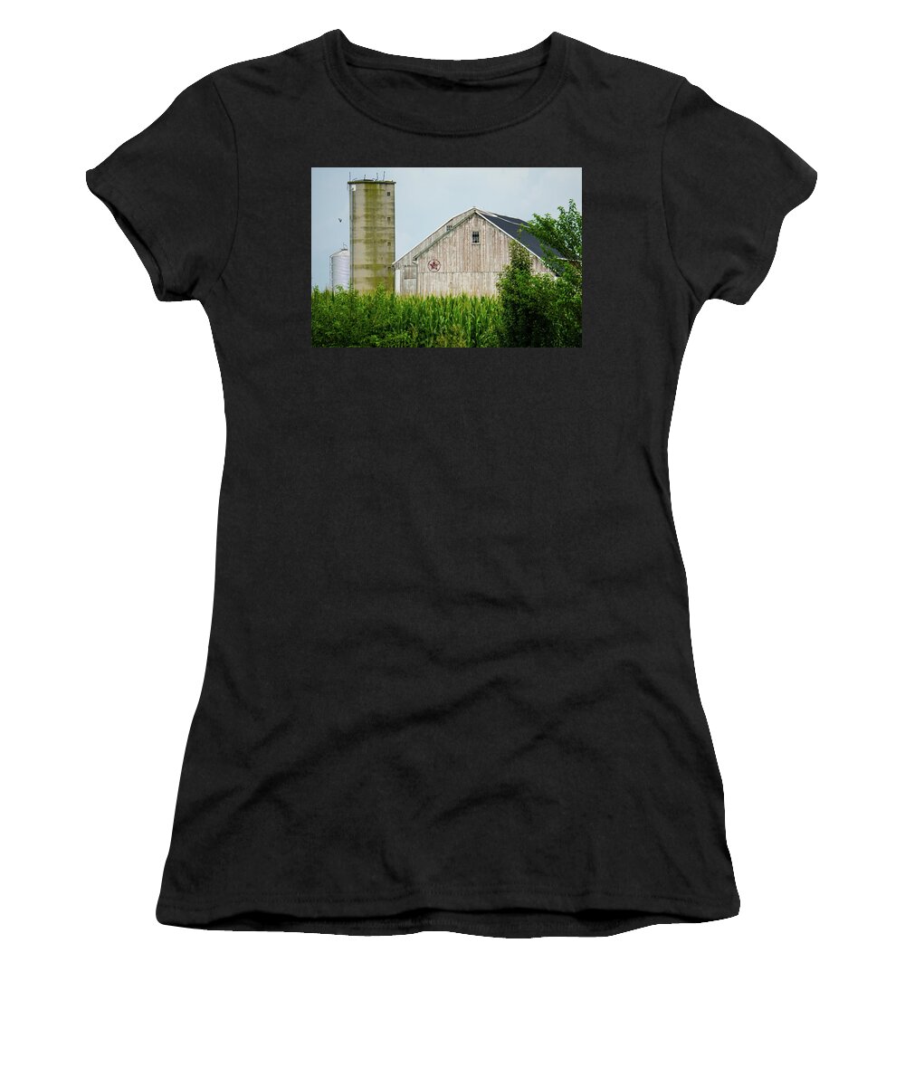 Amish Women's T-Shirt featuring the photograph Farm Shapes and Bird by Tana Reiff