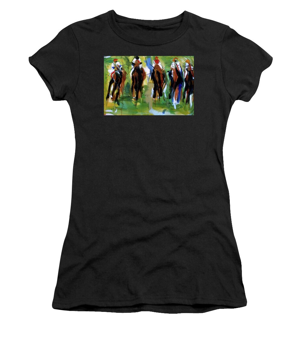 Kentucky Horse Racing Women's T-Shirt featuring the painting Fast Five by John Gholson