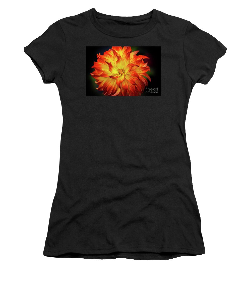 Dahlia Women's T-Shirt featuring the photograph Fire Orange and Yellow Dahlia by Neala McCarten