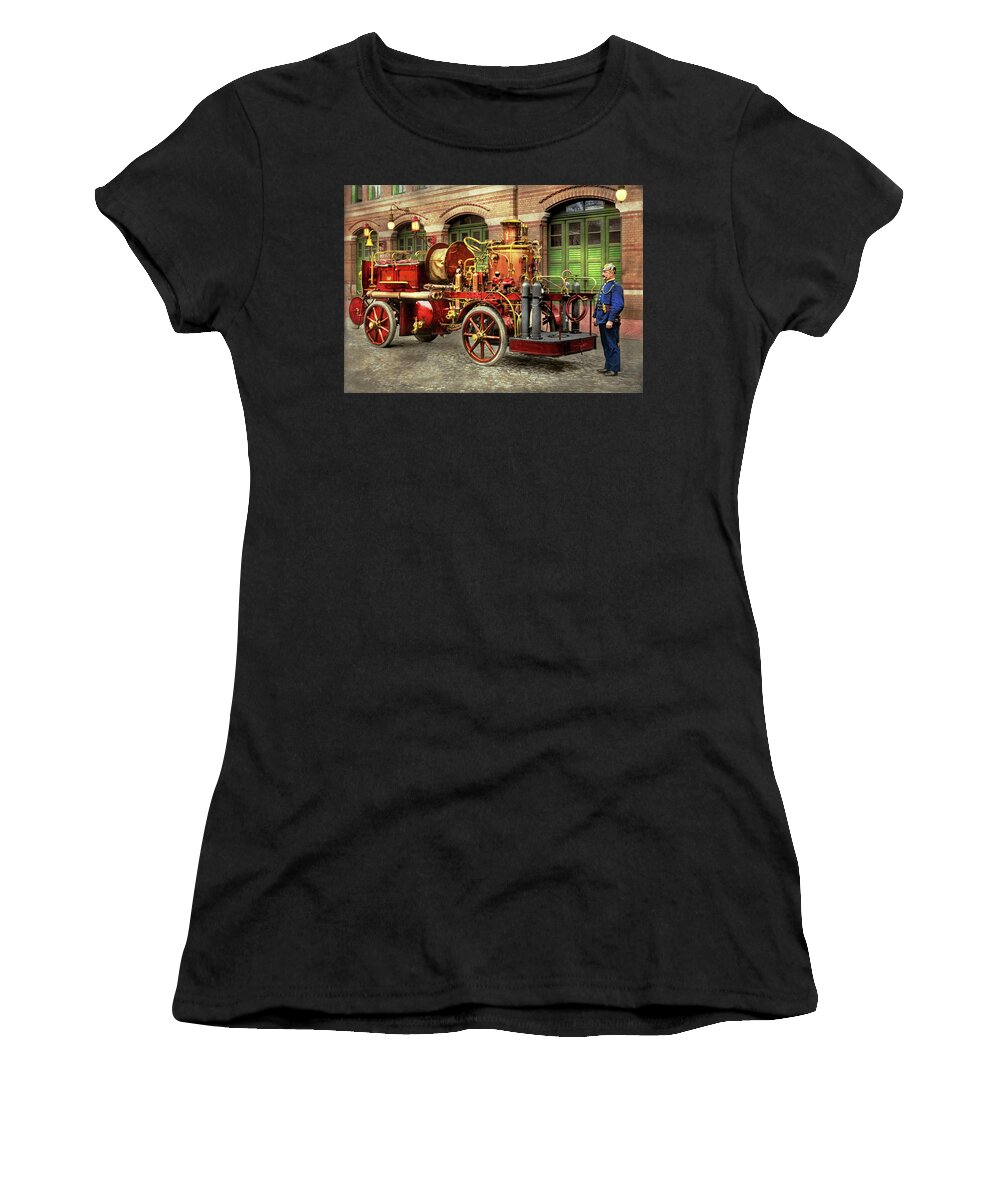 Fireman Art Women's T-Shirt featuring the photograph Fire Truck - An electric pump truck 1907 by Mike Savad