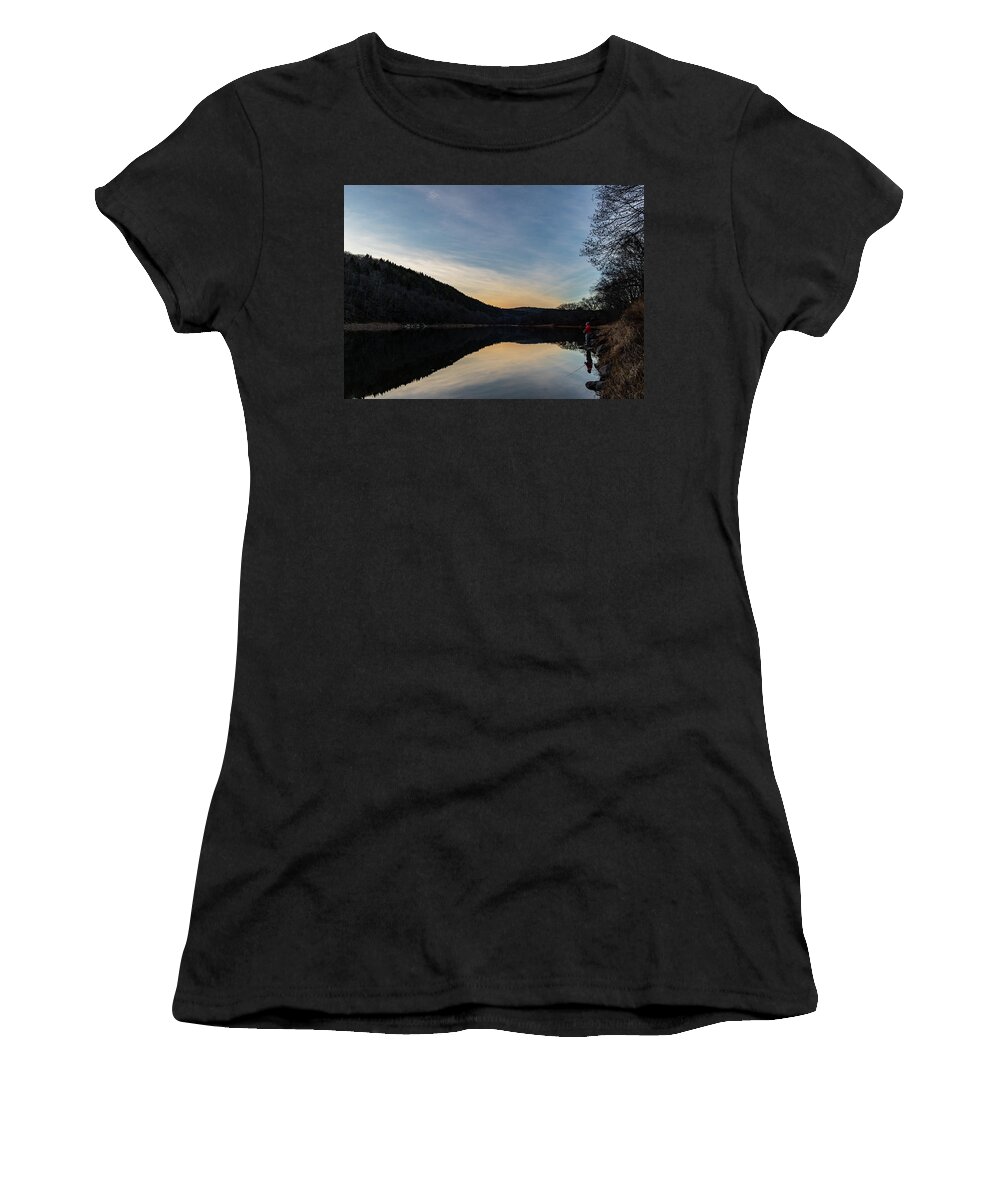 Lake Women's T-Shirt featuring the photograph Fishing at Sunset by Amelia Pearn