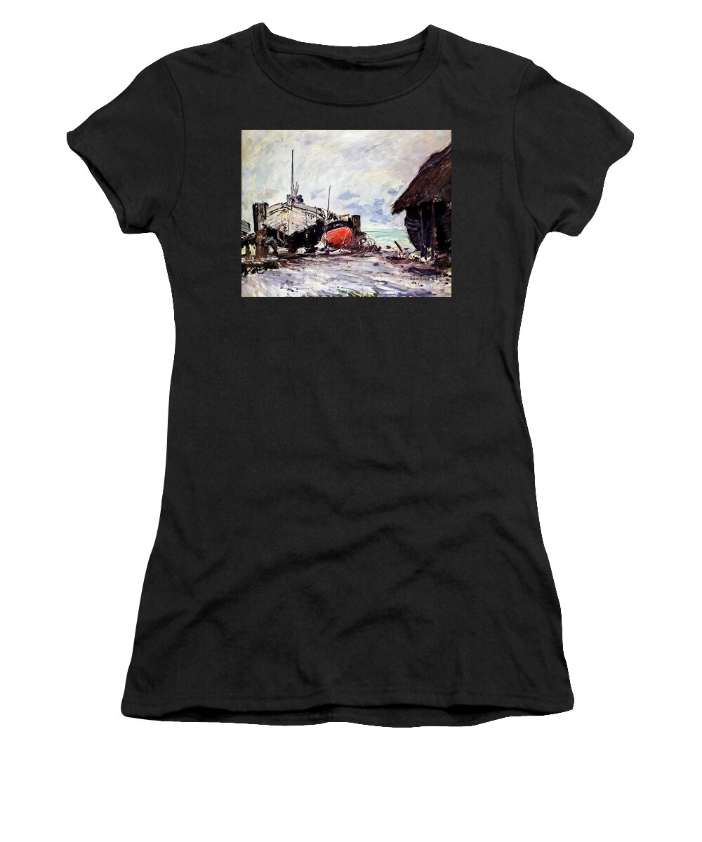 Fishing Women's T-Shirt featuring the painting Fishing Boats at Etretat by Claude Monet 1873 by Claude Monet