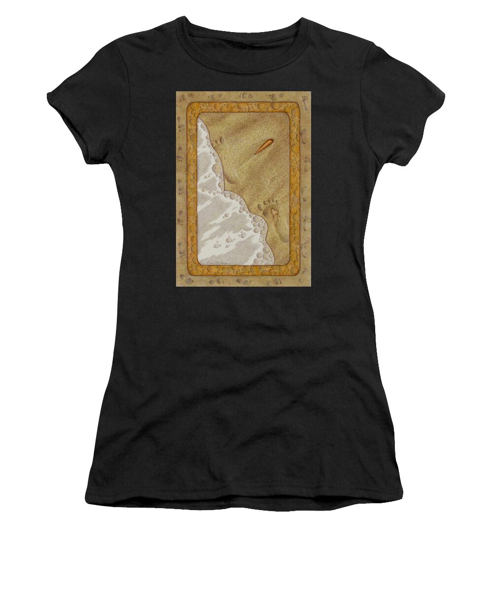 Kim Mcclinton Women's T-Shirt featuring the painting Washed Away- Footprints, Foam, and Fate by Kim McClinton