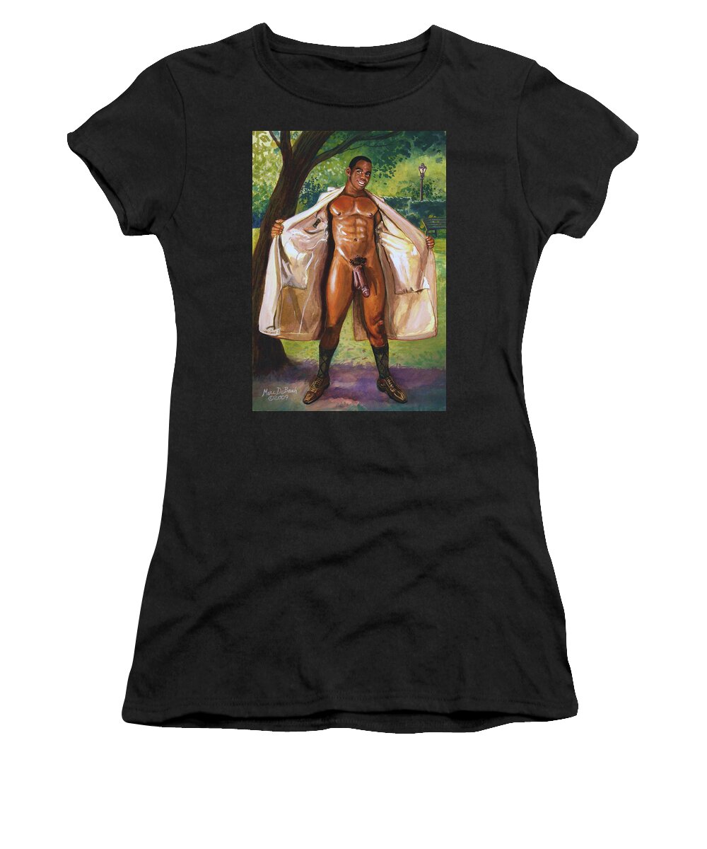 Male Nude Women's T-Shirt featuring the painting Friendly Flasher by Marc DeBauch