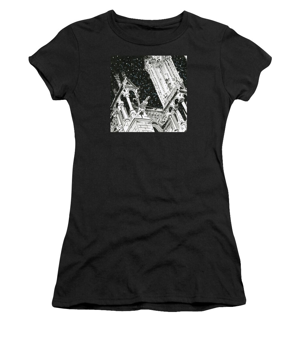 Paris Women's T-Shirt featuring the painting Gargoyle against swirling snow by Thomas Hamm
