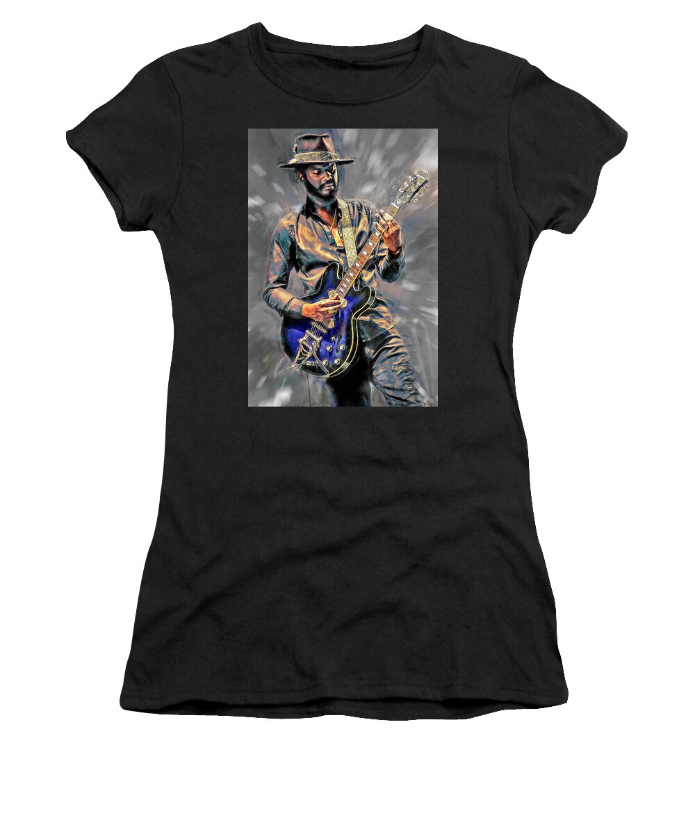 Gary Clark Jr Women's T-Shirt featuring the mixed media Gary Clarke Jr by Mal Bray