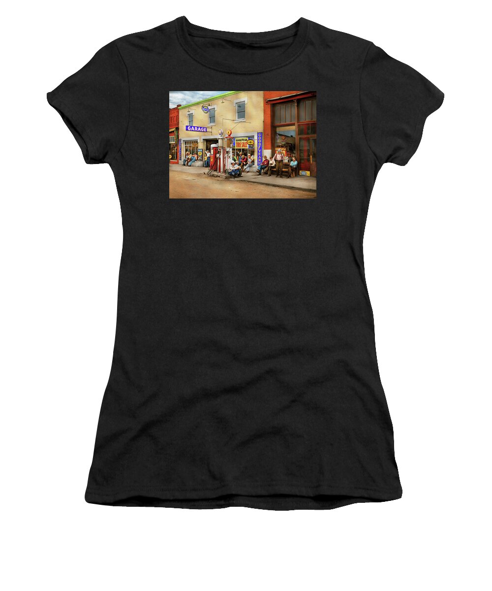 Idaho Women's T-Shirt featuring the photograph Gas Station - Chatting in a small town 1941 by Mike Savad