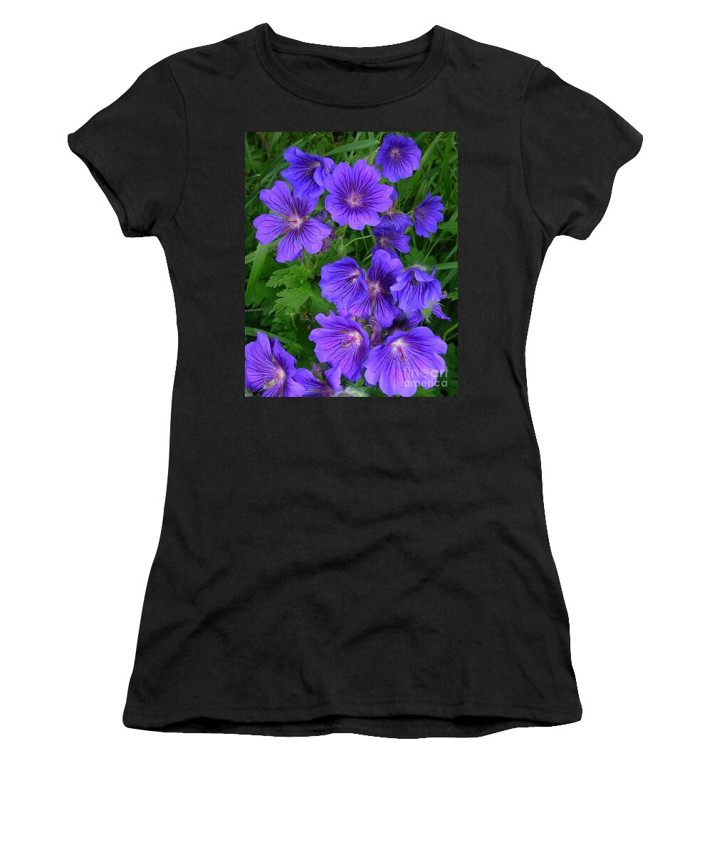 Geranium Rozanne Women's T-Shirt featuring the photograph Geranium Rozanne by Lesley Evered
