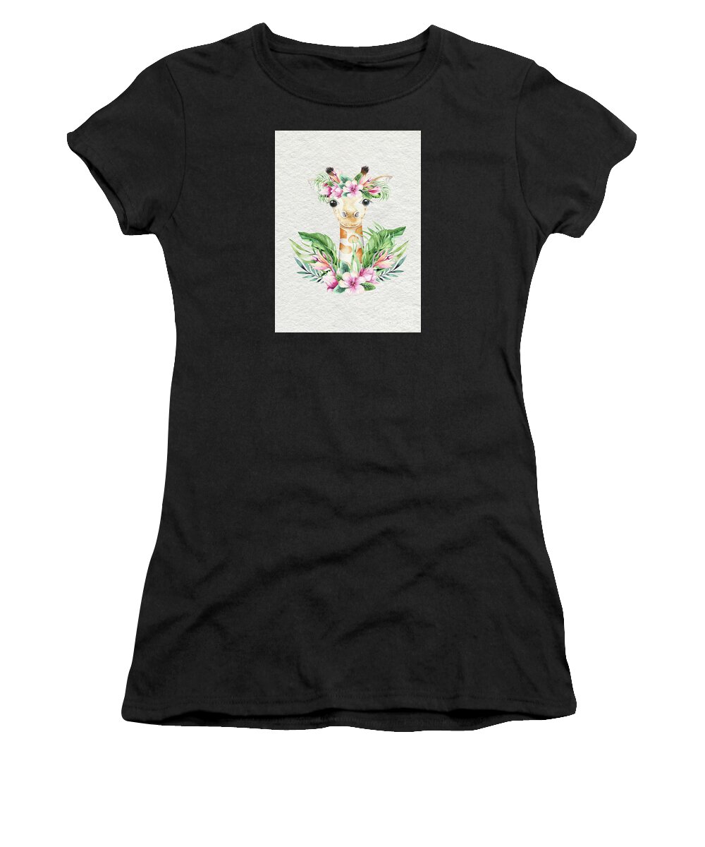 Giraffe Women's T-Shirt featuring the painting Giraffe With Flowers by Nursery Art