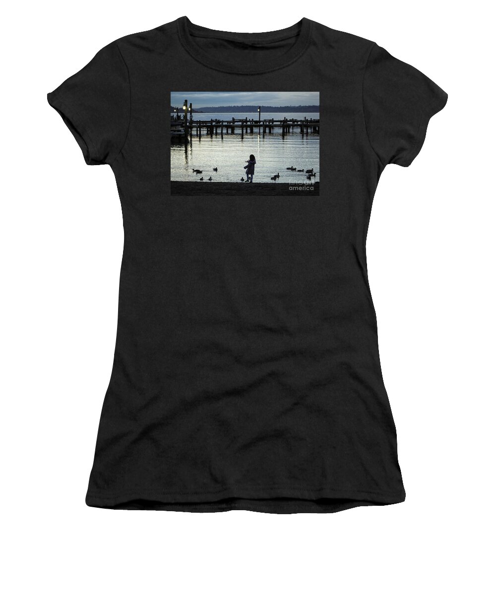 Girl Women's T-Shirt featuring the photograph Girl Photographing Ducks in the Blue Hour by Sea Change Vibes
