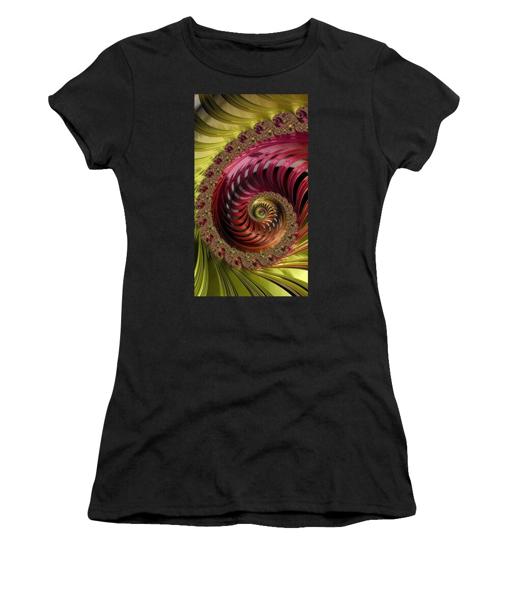 Gold Women's T-Shirt featuring the digital art Gold and Ruby Nautilus Shell Fractal by Shelli Fitzpatrick