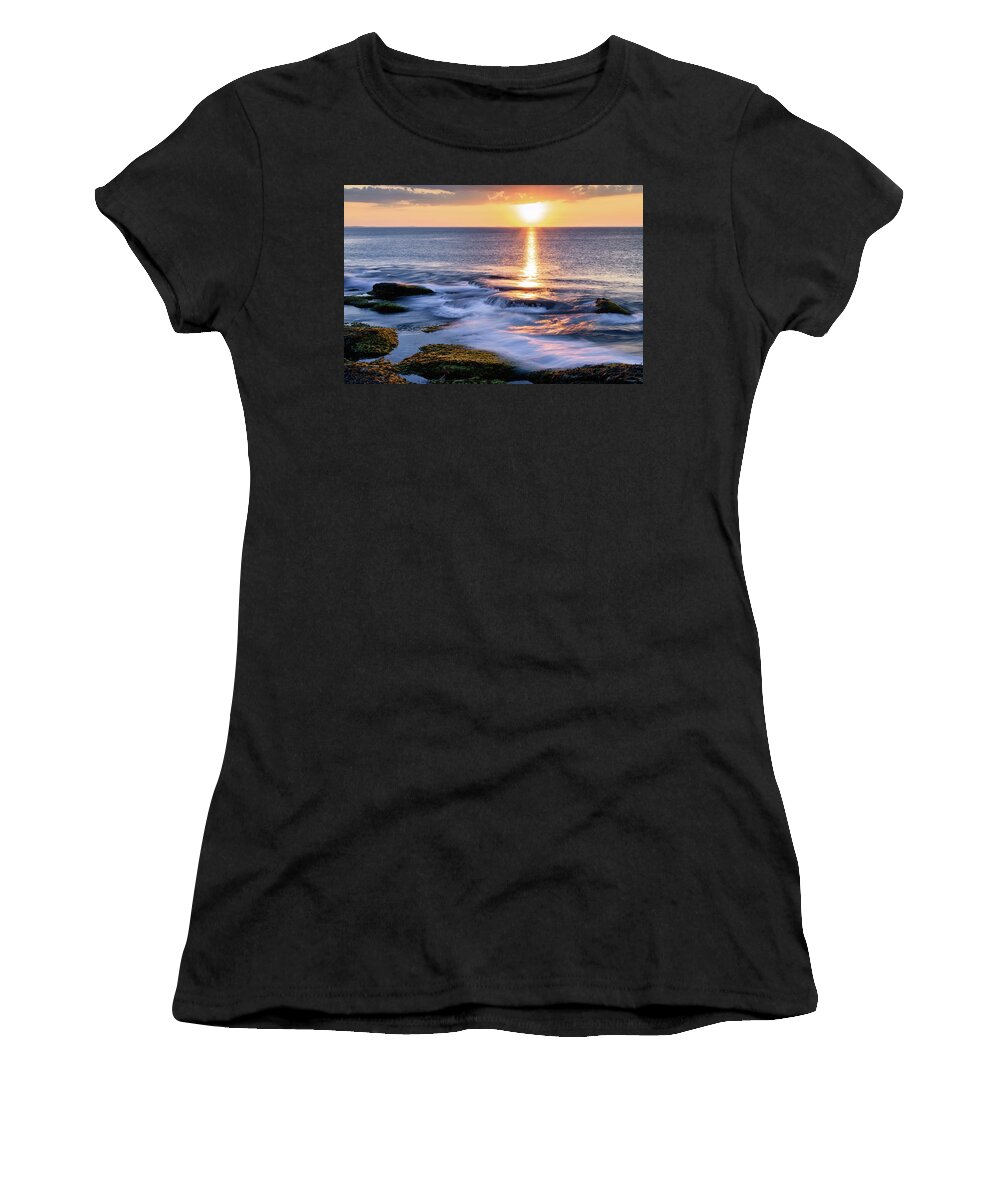 Golden Sunset Women's T-Shirt featuring the photograph Golden Sunset, Halibut Pt. Rockport MA. by Michael Hubley