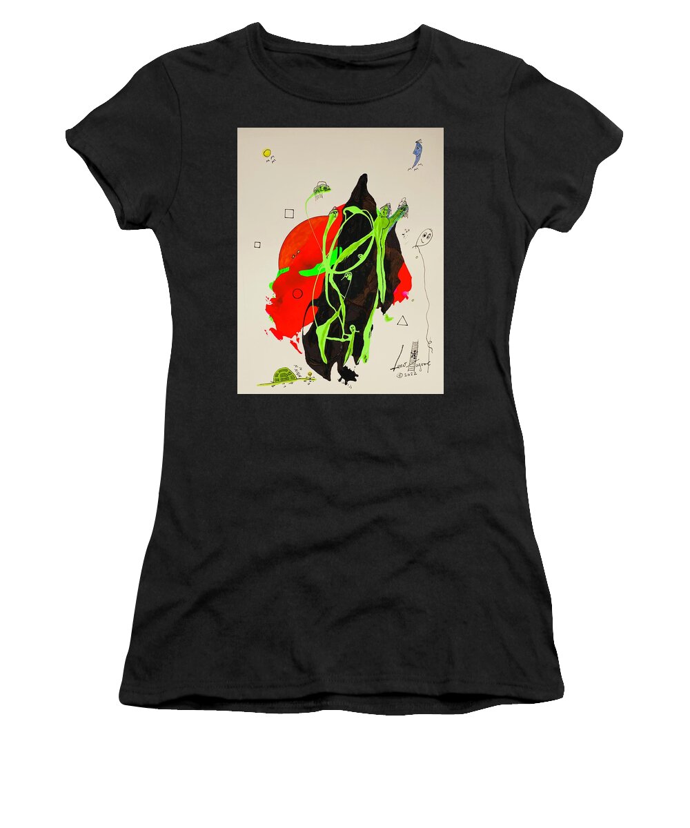  Women's T-Shirt featuring the mixed media Green Faces on Black and Red 11149 by Lew Hagood