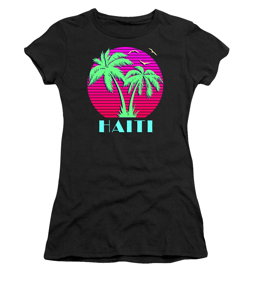 Classic Women's T-Shirt featuring the digital art Haiti Retro Palm Trees Sunset by Filip Schpindel