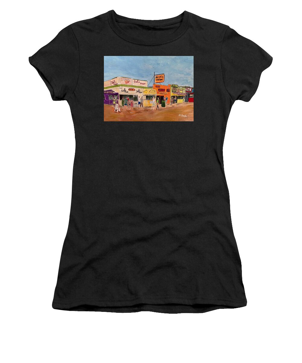 Hampton Beach Women's T-Shirt featuring the painting Hampton Beach Food shops by Anne Sands
