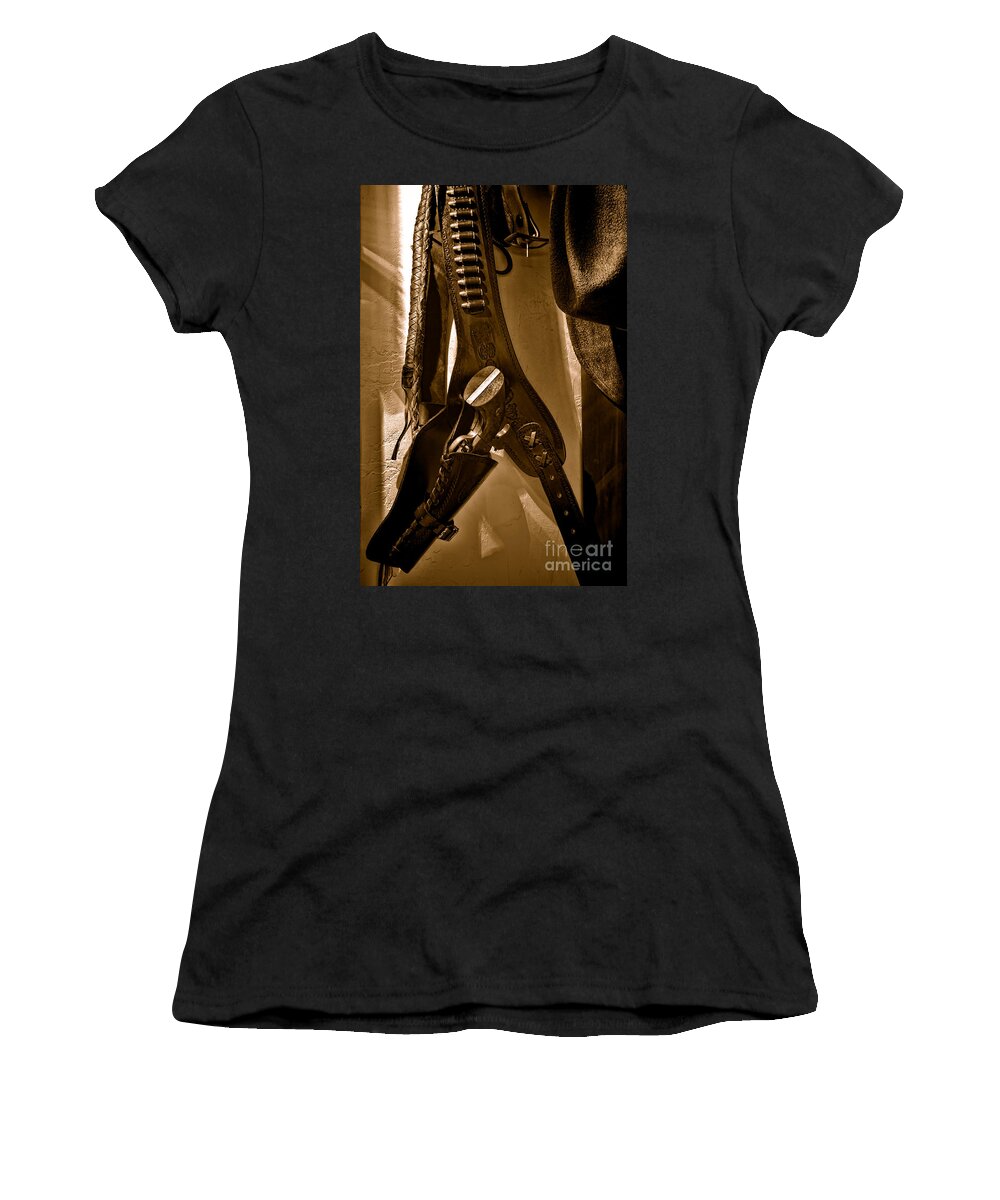 Gun Women's T-Shirt featuring the photograph Hanging Revolver - Sepia by Olivier Le Queinec