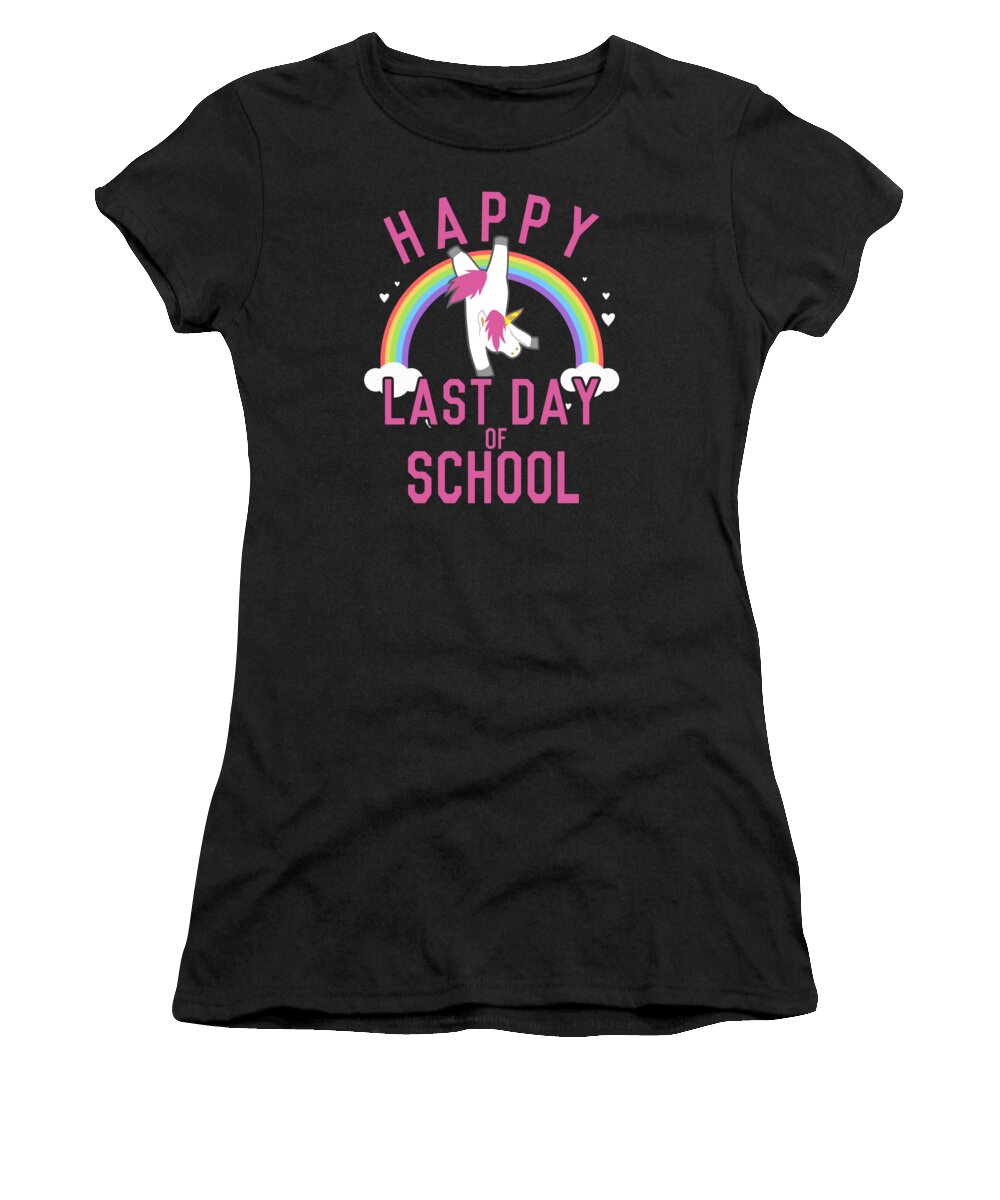 Funny Women's T-Shirt featuring the digital art Happy Last Day of School Unicorn Dancing by Flippin Sweet Gear