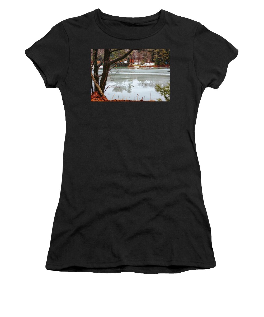 Iced Reflections Women's T-Shirt featuring the photograph Iced Reflections on Haliburton Lake by Tatiana Travelways