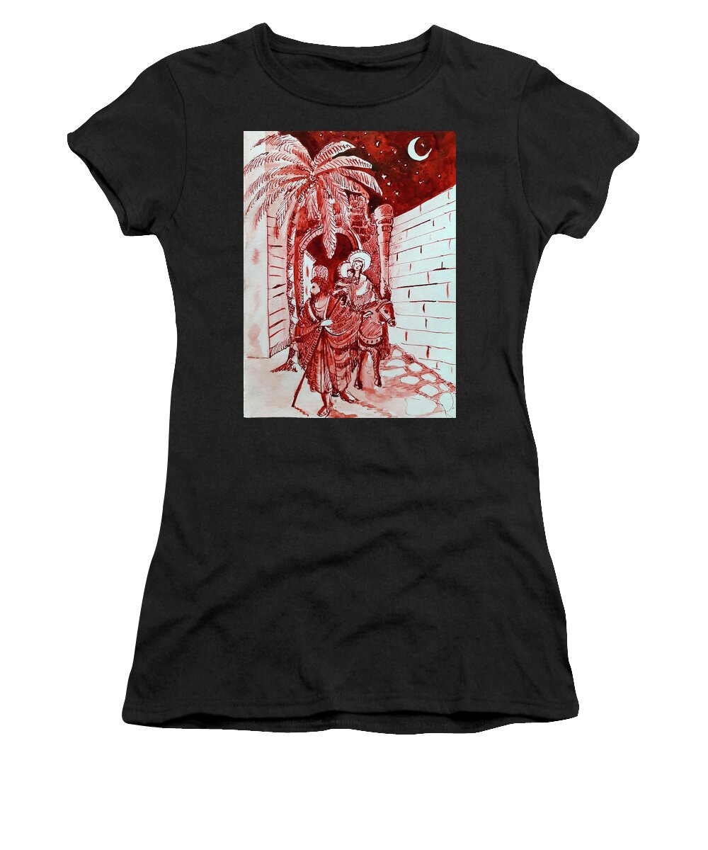Christmas Women's T-Shirt featuring the drawing At night he took the Child and his Mother and ran away... by Carolina Prieto Moreno