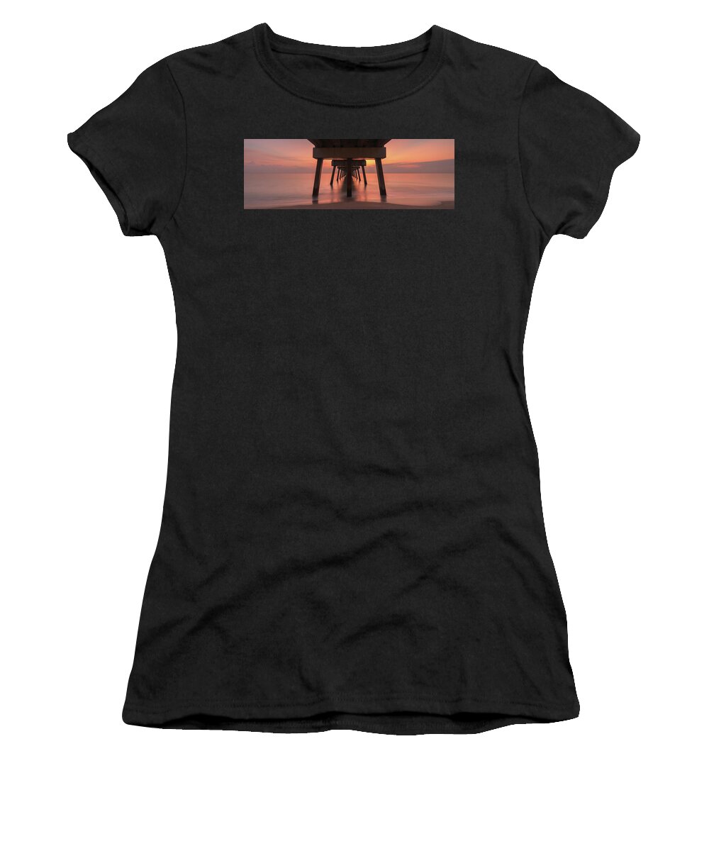 Juno Beach Pier Women's T-Shirt featuring the photograph Juno Pier Sunrise Pink Panorama by Kim Seng