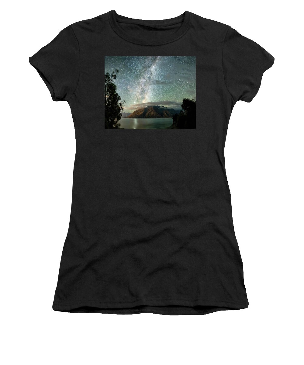 Nikon Z 7 Women's T-Shirt featuring the photograph Lake Te Anau Southern Hemisphere Night Sky NZ by Lena Owens - OLena Art Vibrant Palette Knife and Graphic Design