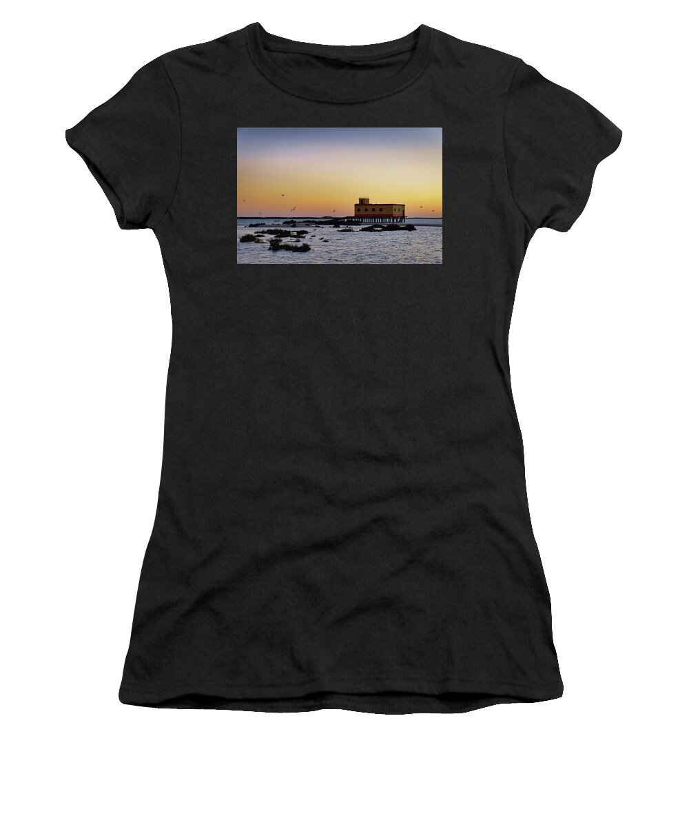 Algarve Women's T-Shirt featuring the photograph Lifesavers building and birds in Fuzeta. Portugal by Angelo DeVal
