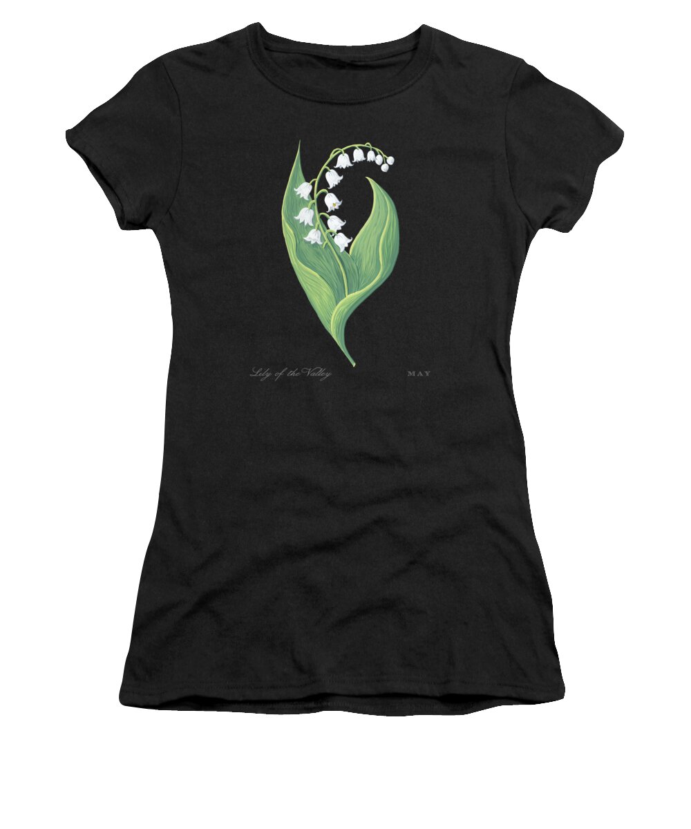 Lily Of The Valley Women's T-Shirt featuring the painting Lily of the Valley May Birth Month Flower Botanical Print on Black - Art by Jen Montgomery by Jen Montgomery