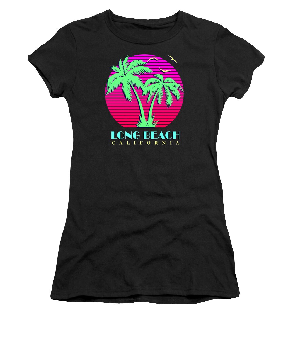 California Women's T-Shirt featuring the digital art Long Beach California Retro Palm Trees Sunset by Megan Miller