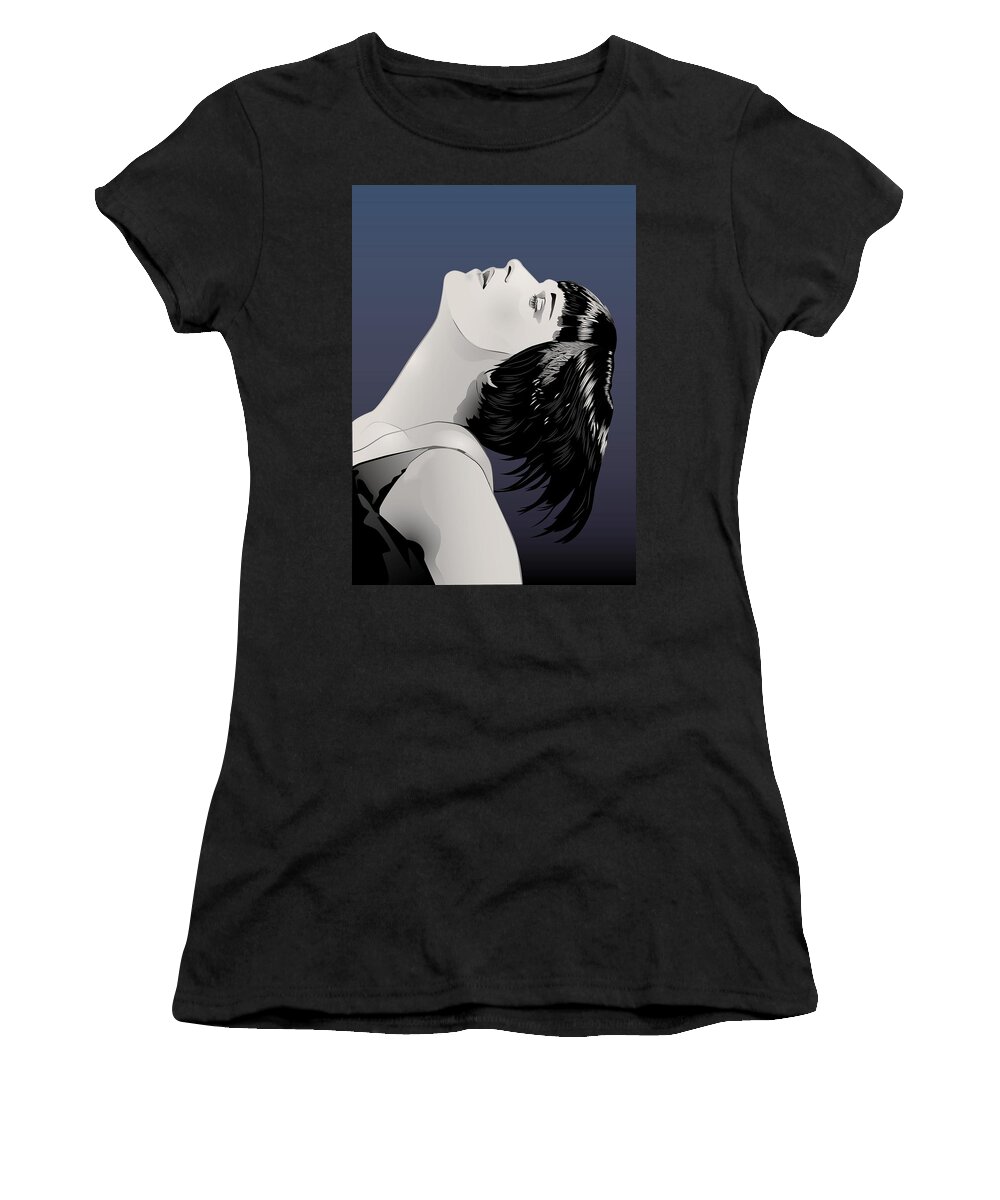 Louise Brooks Official Women's T-Shirt featuring the digital art Louise Brooks in Berlin - Sapphire Nocturne by Louise Brooks