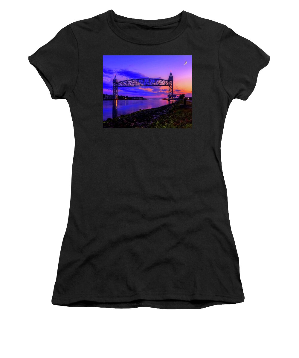 Cape Cod Women's T-Shirt featuring the photograph Magical Sunset at the Cape Cod Railroad Bridge by Mitchell R Grosky