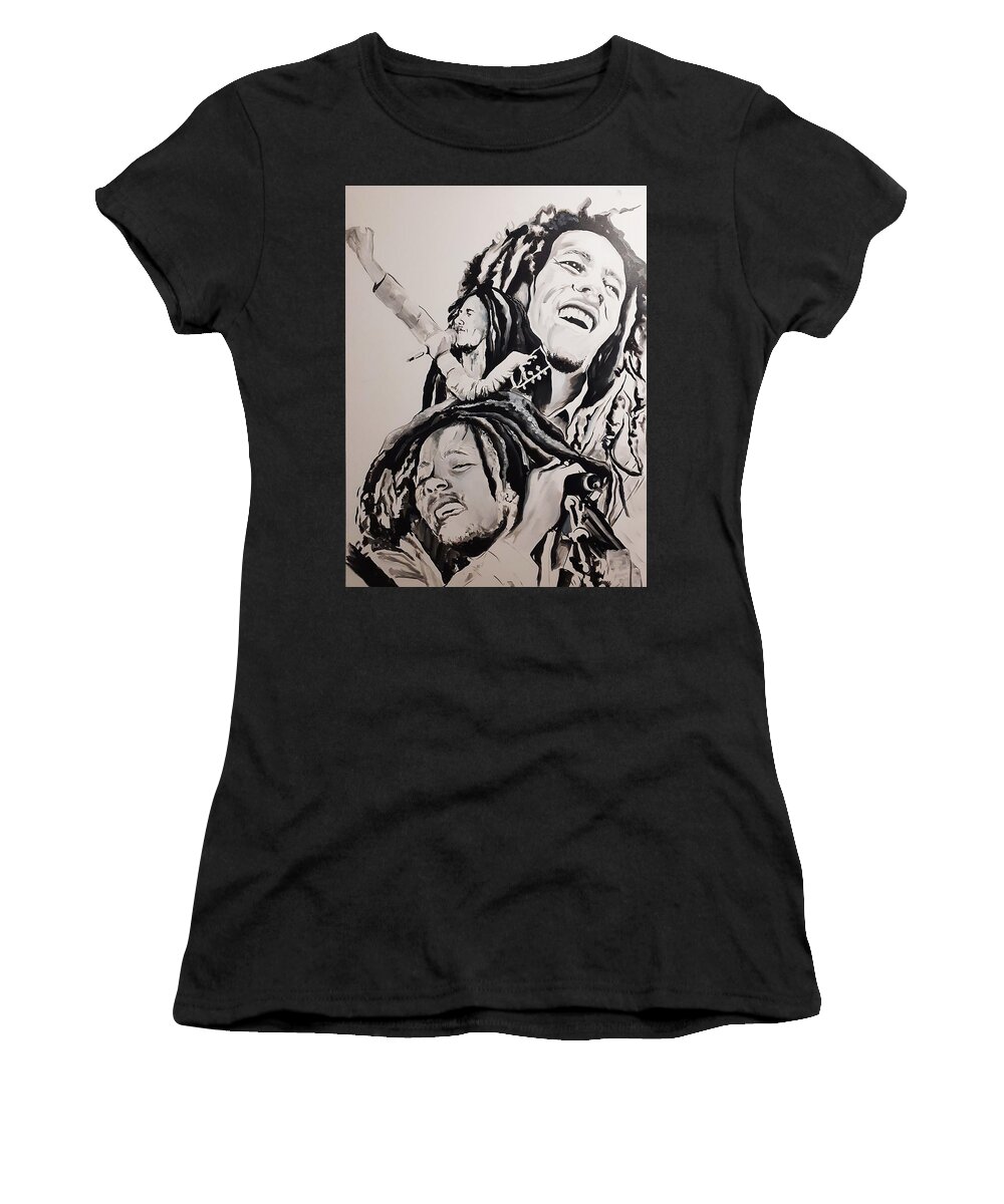 Bob Marley Wailer Black And White Women's T-Shirt featuring the painting Marleyx3 Clean by Femme Blaicasso